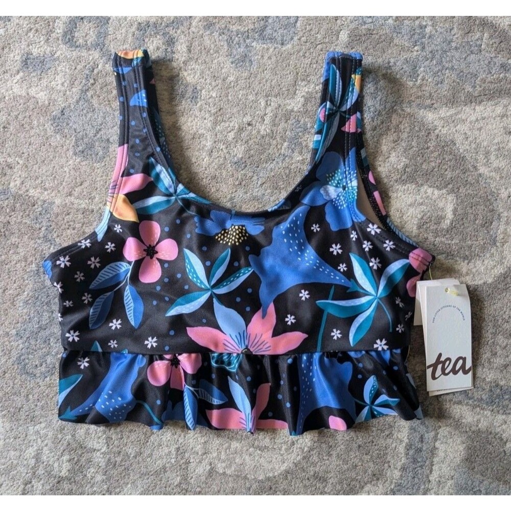 Tea Collection Bikini Top Girls Size 10 Ruffled Blk Swim Beach Hawaiian Floral